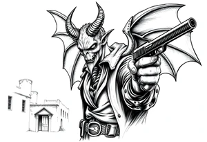 a demon in cowboy-clothing,a gun in a hand,old buildings in the background. tattoo idea