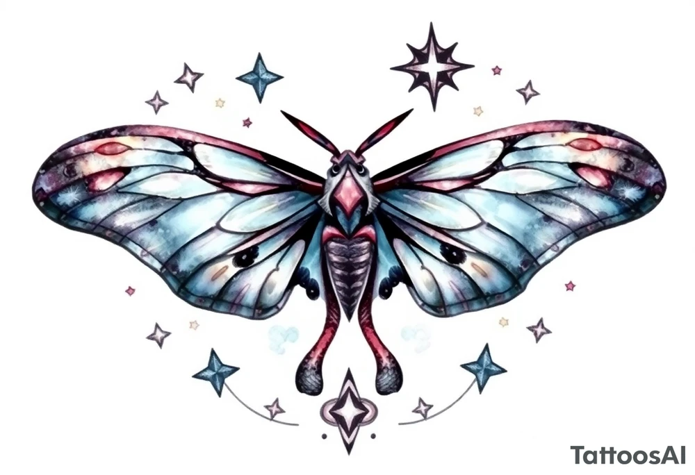 Delicate Luna moth surrounded by celestial accents tattoo idea