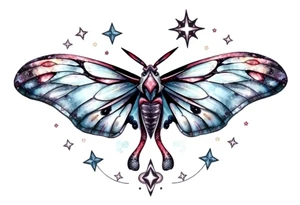 Delicate Luna moth surrounded by celestial accents tattoo idea