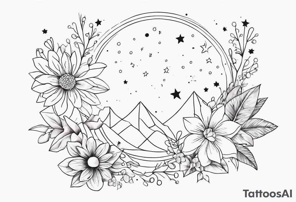 fine line with stars, floral, dots tattoo idea