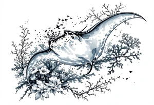 Manta ray swimming, coral reef bellow for forearm tattoo idea