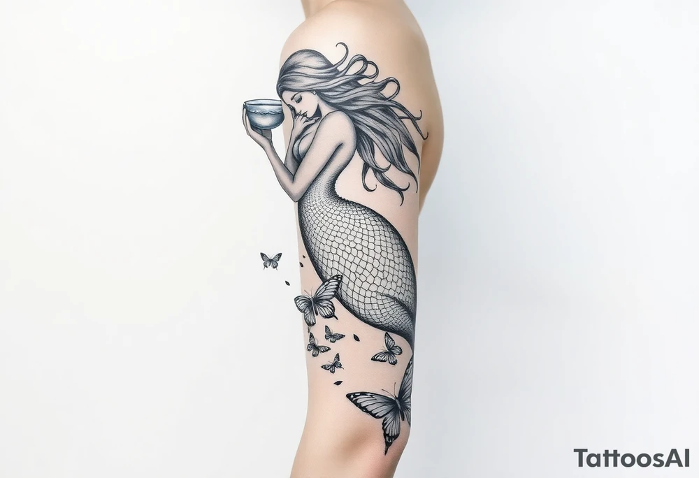 Aquarius goddess with mermaid tail Carrying  water bearer over her shoulder spilling water to the floor with a pisces fish in
Leading to butterflies tattoo idea