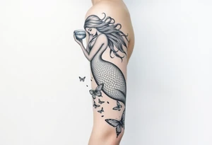 Aquarius goddess with mermaid tail Carrying  water bearer over her shoulder spilling water to the floor with a pisces fish in
Leading to butterflies tattoo idea