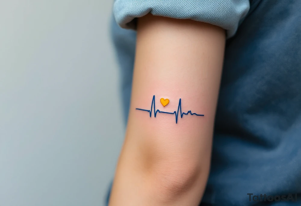 A blue EKG tattoo around the arm with a bright yellow heart, capturing the pulse of love and happiness. tattoo idea