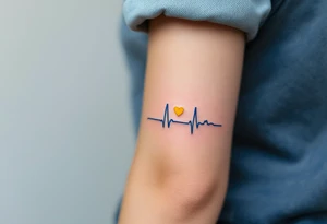 A blue EKG tattoo around the arm with a bright yellow heart, capturing the pulse of love and happiness. tattoo idea