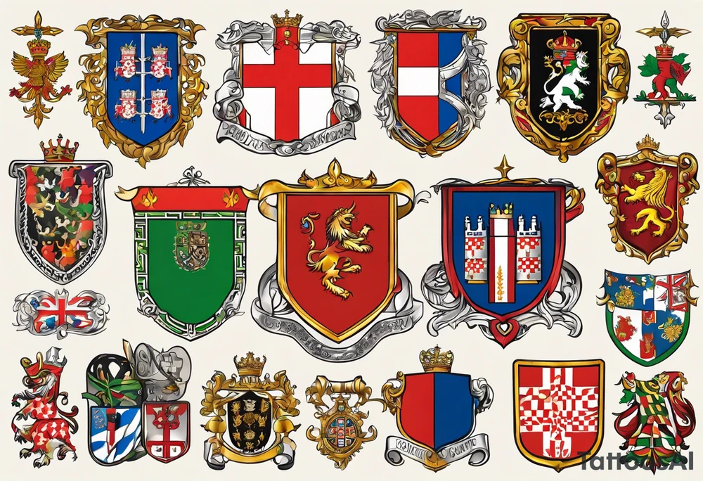 Merge the heraldic elements of england, northern ireland, ireland, scotland, wales, germany, croatia, serbia, slovakia, slovenia, and czech republic intertwined in a harmonious and elegant manner. The design should be symmetrical and suitable for a shoulder placement. tattoo idea