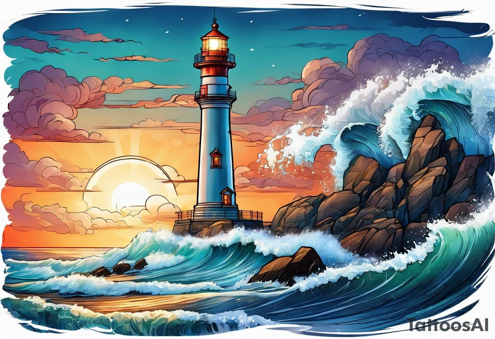 lighthouse at the ocean, a bit realistic  framed tattoo idea