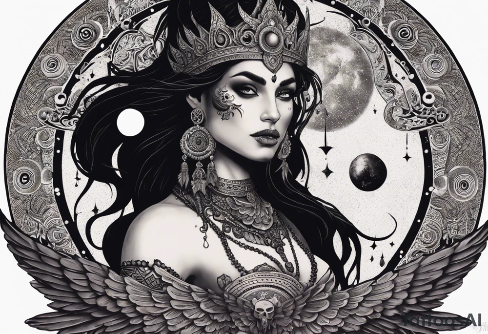 black kali, goddess pirate, alien, angel, pachamama, valkrye, warrior, flying, skull, lotus azul, wing, eagle, zenza resonance, stars, 5D, anahata chakra, death, durga, riding on a tiger, flying lady, chest tatoo tattoo idea