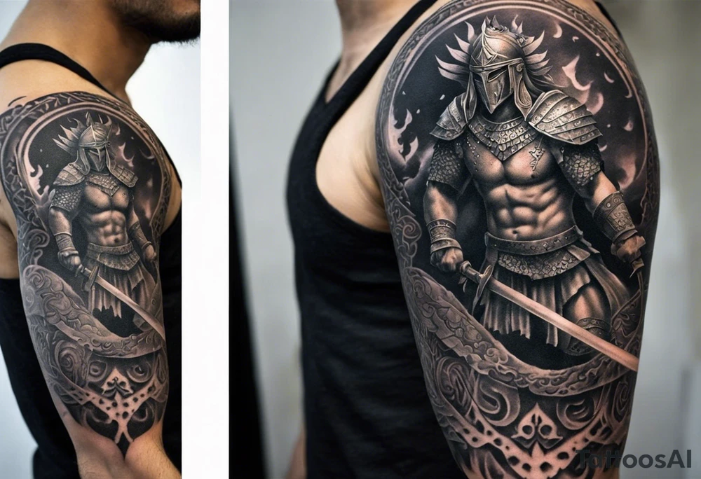 Central Figure: The Warrior: The focal point of the tattoo is a strong and determined male warrior, representing you or a figure you admire. He can be depicted in dynamic motion, wielding a weapon like a sword or a spear, ready to confront the demons.

Demons: Surrounding the warrior are menacing and grotesque demons, each with unique features and expressions. These demons can represent the challenges, struggles, or inner demons that you face in life. They might be depicted in various forms, such as monstrous creatures or shadowy figures, symbolizing different aspects of adversity.

Battle Scene: The tattoo can depict a chaotic battle scene, with the warrior engaged in combat against the demons. Dynamic poses and intense facial expressions can convey the intensity of the struggle. tattoo idea
