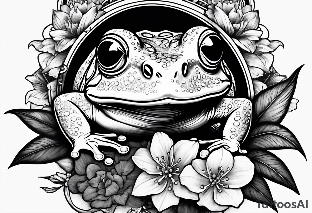 Frog with ring and flowers and sharks tattoo idea