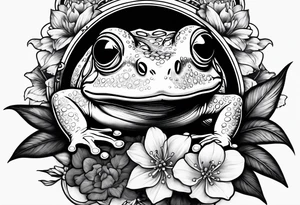 Frog with ring and flowers and sharks tattoo idea