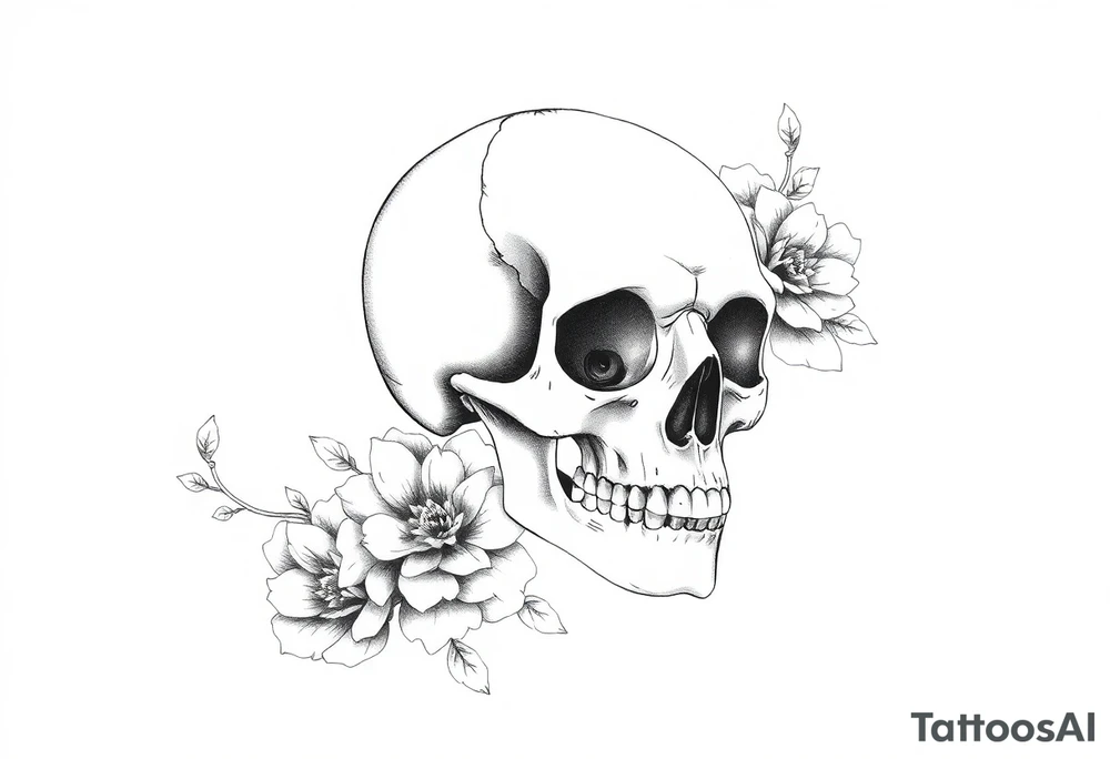skull slightly facing left, surrounded by floral ornaments tattoo idea
