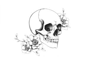 skull slightly facing left, surrounded by floral ornaments tattoo idea