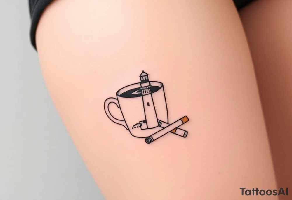 A mug of coffee
 with a picture of a 
 lighthouse on the the mug and a cigarette laying next to it tattoo idea