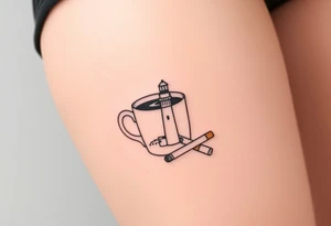 A mug of coffee
 with a picture of a 
 lighthouse on the the mug and a cigarette laying next to it tattoo idea