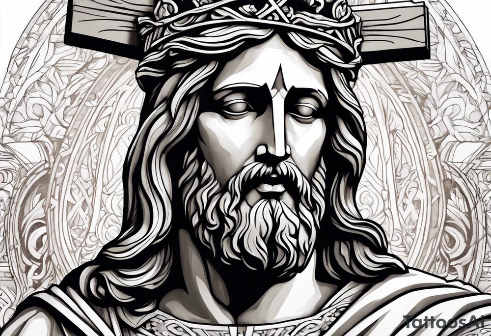 Jesus statue holding cross back tattoo idea