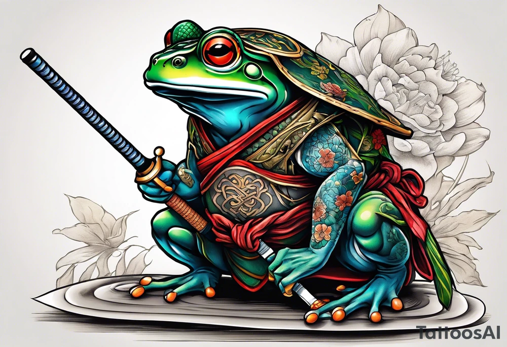 Samurai Frog with Japanese tattoos stand on one leg  with a tattoo needle instead of a sword tattoo idea
