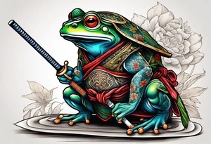 Samurai Frog with Japanese tattoos stand on one leg  with a tattoo needle instead of a sword tattoo idea