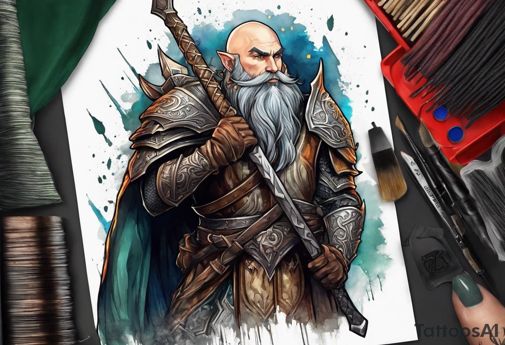 a full-body picture of a human elf, bearded bald male, paladin, holding a battle axe, on my left forearm tattoo idea