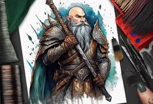 a full-body picture of a human elf, bearded bald male, paladin, holding a battle axe, on my left forearm tattoo idea