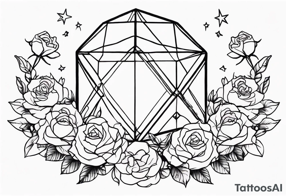 Tesseract with a field of small roses and stars around it tattoo idea