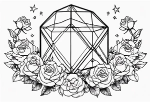 Tesseract with a field of small roses and stars around it tattoo idea