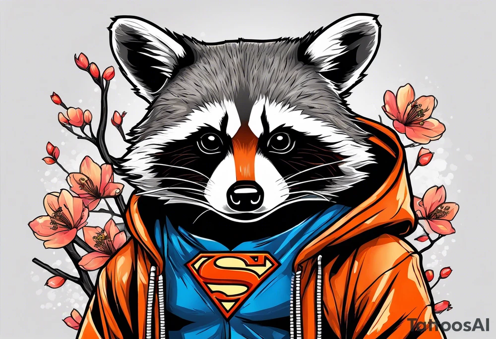 raccoon wearing a Superman hoodie with black and white logo and orange Japanese cherry blossoms tattoo idea