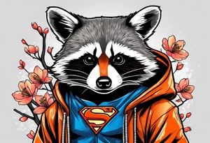raccoon wearing a Superman hoodie with black and white logo and orange Japanese cherry blossoms tattoo idea