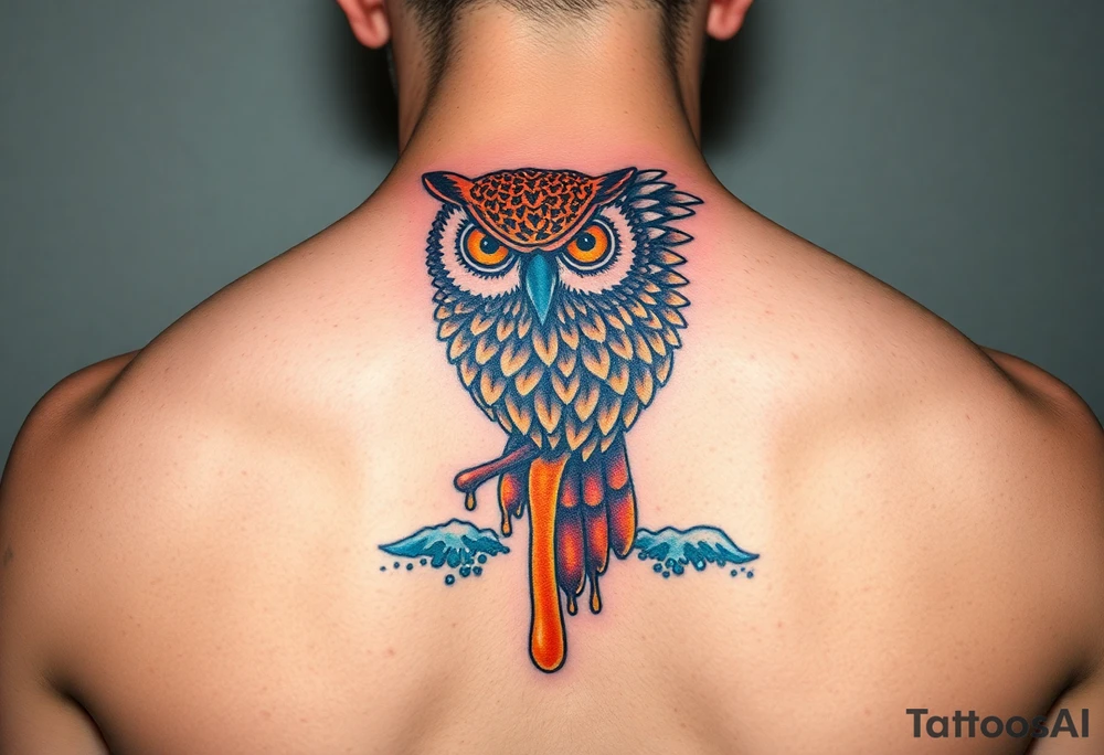 Honey comb, owl dripping honey over ocean scene tattoo idea