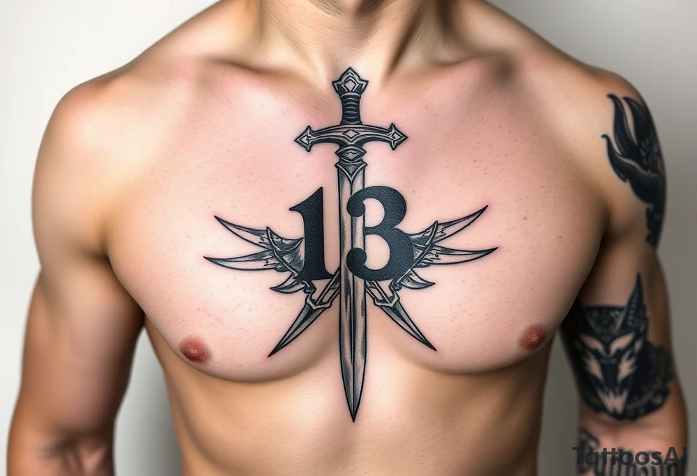 The Number 13, The Toledo Mudhens Baseball Team, And Demonic And Midevel dagger Featurs Made Into A Big Family Crest Tattoo On A Masculine guy that looks bad ass and unique. tattoo idea