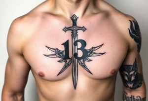 The Number 13, The Toledo Mudhens Baseball Team, And Demonic And Midevel dagger Featurs Made Into A Big Family Crest Tattoo On A Masculine guy that looks bad ass and unique. tattoo idea