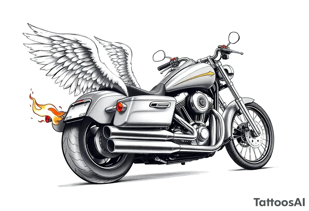 Low rider grey motorcycle, big muffler pipes with flames, angel wings, driving away, no person tattoo idea