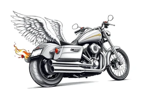 Low rider grey motorcycle, big muffler pipes with flames, angel wings, driving away, no person tattoo idea