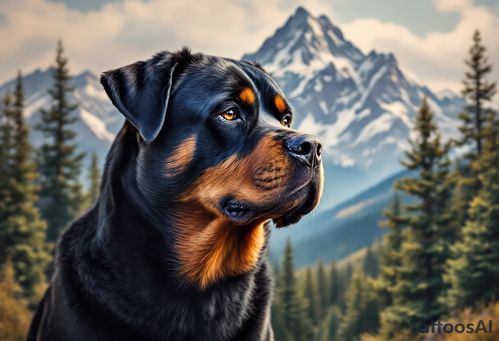 Majestic Rottweiler with Mountain Scenery – A proud Rottweiler gazing over mountain peaks and pine trees. Earth-toned fur, background in natural blues and greens. tattoo idea