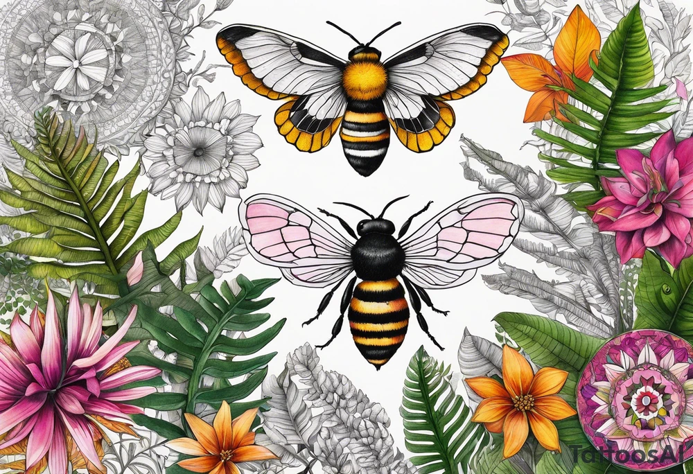 Botanical garden with ferns, white, green, orange, yellow, pink, Fuschia, Madagascan  moth, bee, mandalas, colorful, boho tattoo idea