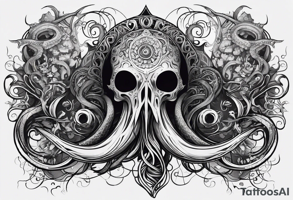 Long tattoo for forearm. Lovecraftian creature, with technological elements. Tentacles protect a symbol of love. tattoo idea