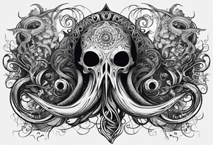 Long tattoo for forearm. Lovecraftian creature, with technological elements. Tentacles protect a symbol of love. tattoo idea
