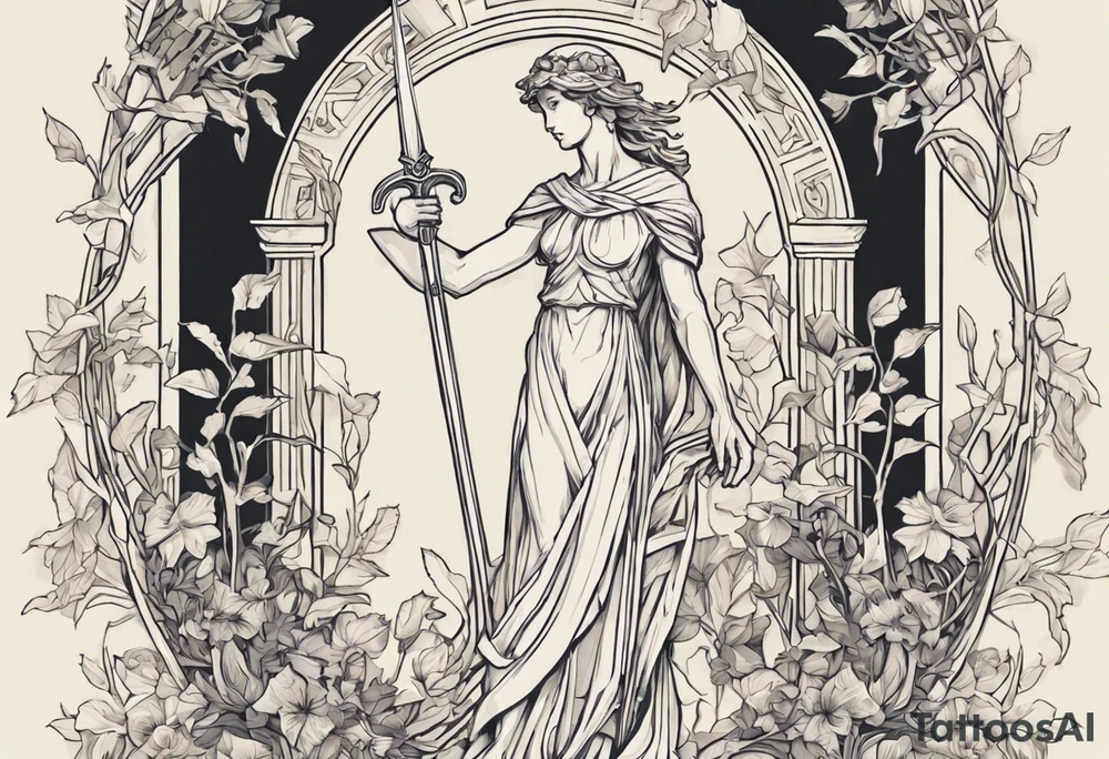 **Design Concept: Athena's Garden**

*Central Focus:*
- Place a small, delicately detailed Athena historic statue with a shield and sword
*Surrounding Elements:*
- Intertwine the statue with vines that gracefully flow outwards, connecting seamlessly with Vincent van Gogh's Irises tattoo.

*Geometric Accents:*
- Incorporate geometric shapes around the shield and vines, creating a structured and visually appealing framework. The shapes could represent elements like knowledge, strength, and protection associated with Athena.

*Athena's Symbols:*
- Include Athena's spear and olive branch as smaller elements within the vine design. They can be strategically placed to enhance the overall balance and symbolism.

*Van Gogh's Irises:*
- Integrate the irises into the vine design, allowing them to gracefully intertwine. Pay attention to the delicate details of the irises, ensuring they complement the overall aesthetic.

 Consider earthy greens for the vines complemented by subtle purples and blues for the irises.

*Placement:*
- Given the detailed and intricate nature of the design, the upper chest provides a suitable canvas for the tattoo. Ensure the design is scaled appropriately to fit the chosen placement. tattoo idea