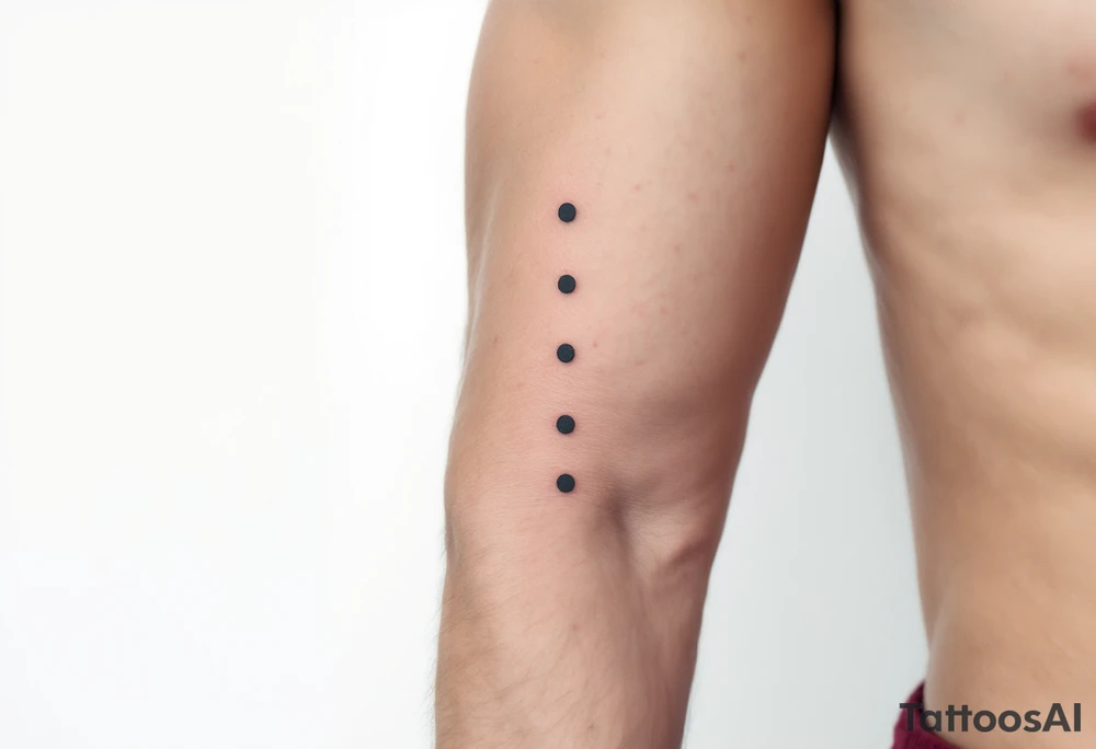 "Only Three" soft gray dots vertically aligned along the spine, symbolizing past, present, and future. tattoo idea