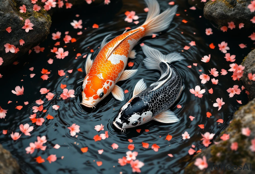 Koi Duo in Cherry Blossom Stream – A pair of koi, one orange, one black, flowing together through a river filled with scattered cherry petals. tattoo idea