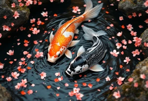 Koi Duo in Cherry Blossom Stream – A pair of koi, one orange, one black, flowing together through a river filled with scattered cherry petals. tattoo idea