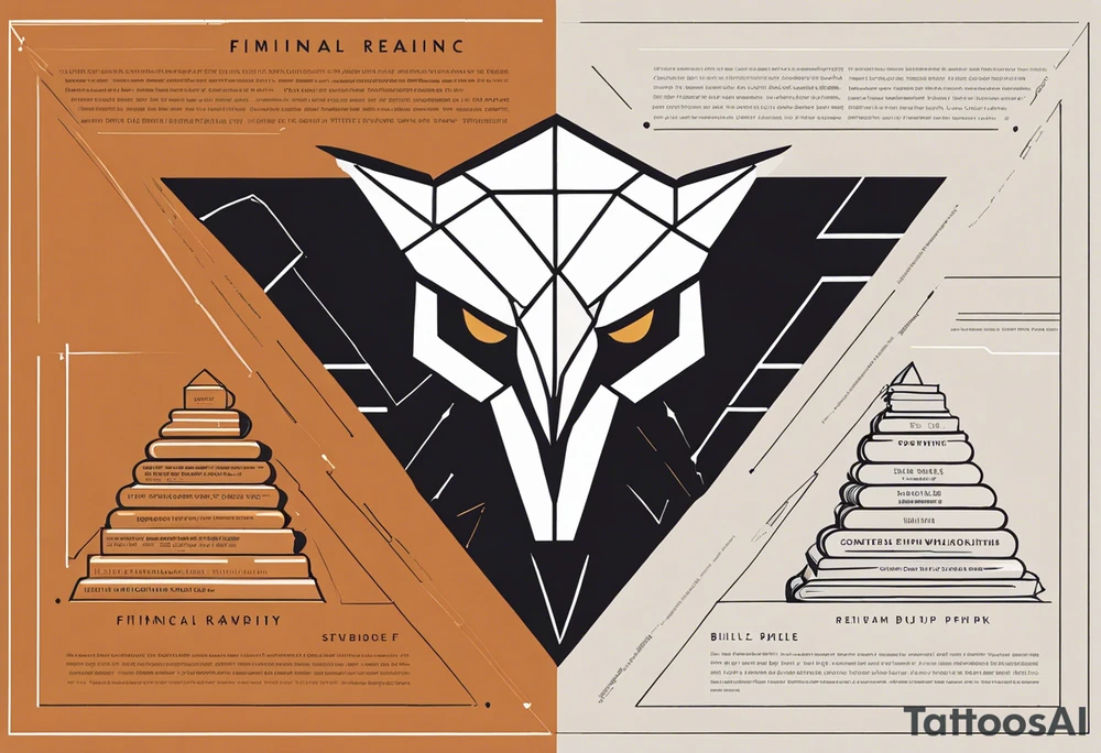 Words: Courage, determination, patience, focus, resilience. Image: Geometric eagle face, bull and bear faces divided by the financial market dump and pump. Graphics, symbols of intelligence interconnected with books and studies that represent the search for knowledge as a person guided by humanity and human philosophy. Image for the right arm and right forearm. Use geometric shapes and lines to connect images. all imagens unity tattoo idea