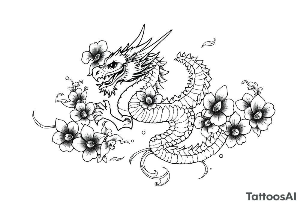 un dragon central entouré de fleurs de lys de style avec des ombrages dans un style assez fin tattoo idea