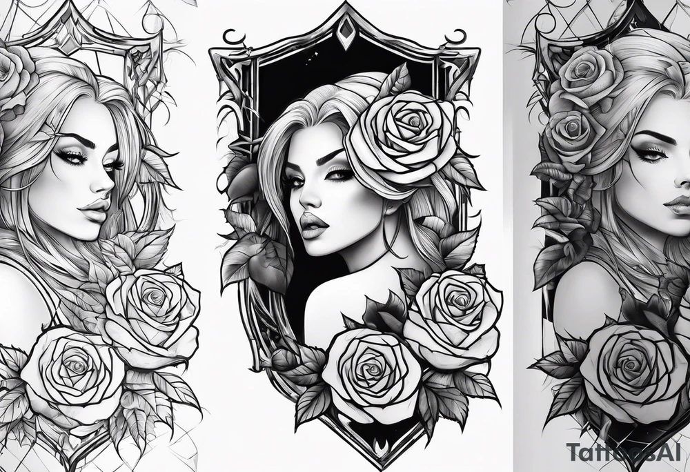 tattoo fool sleeve, old broken gothic home, broken sword, roses tattoo idea