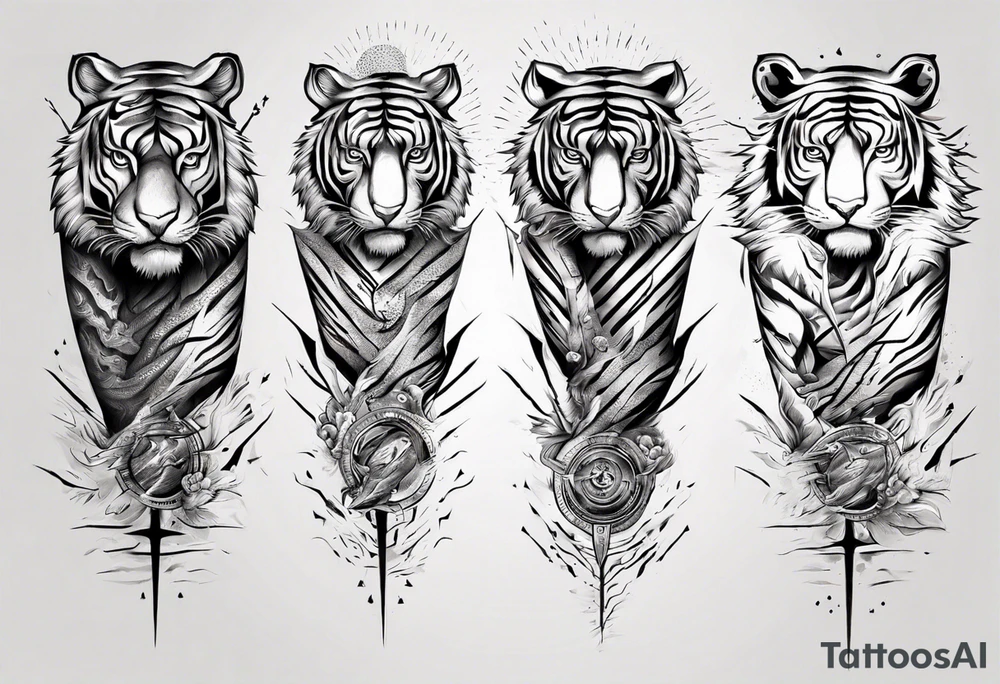 Ancient tiger with lightning and a sun for a forearm sleeve. With patterns surrounding it tattoo idea