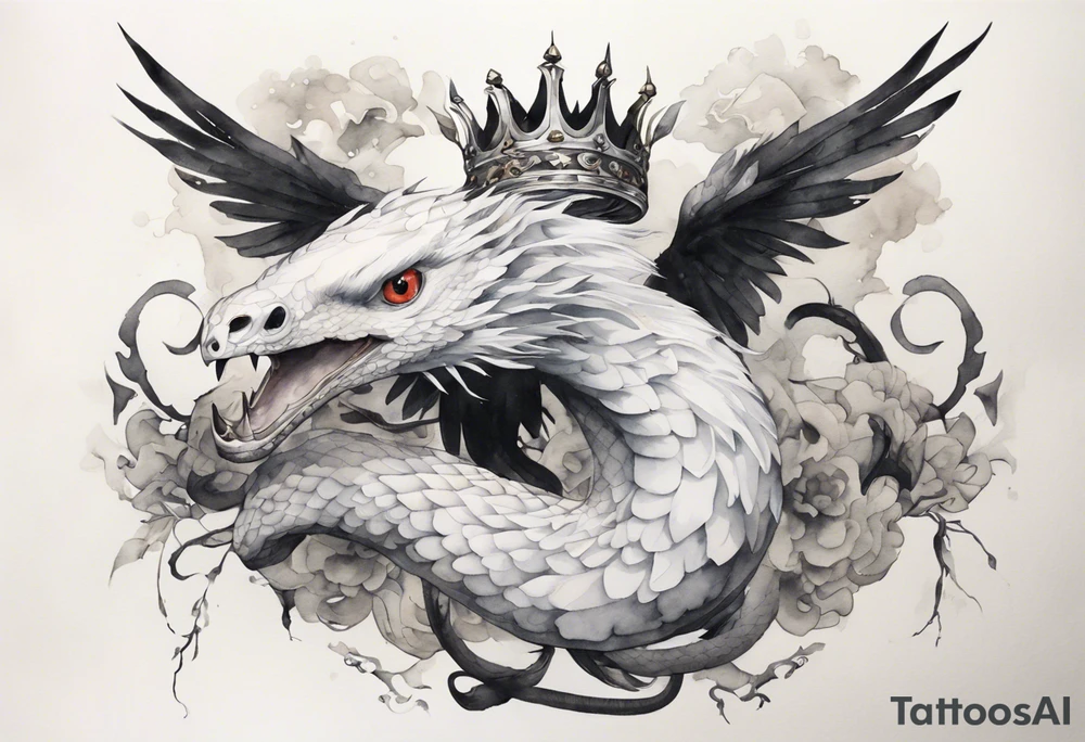 a watercolor of a white bird-serpent hybrid wearing an iron crown, flying tattoo idea