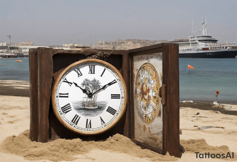 un reloj de arena que dentro de él habrá un barco enterrado en la arena, y al pie del reloj habrán flores. Bajo las flores habrá un papelito que diga "Atiny" y de él saldrán enredaderas con hojas pequeñas encerrando el reloj y arriba cerrará con un papelito que diga "Star1117" tattoo idea