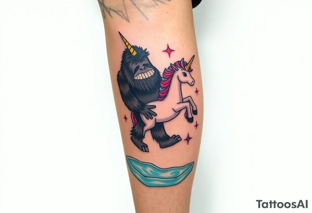 Bigfoot wearing a unicorn pool tube full leg piece 
Funny tattoo idea