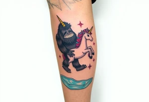 Bigfoot wearing a unicorn pool tube full leg piece 
Funny tattoo idea