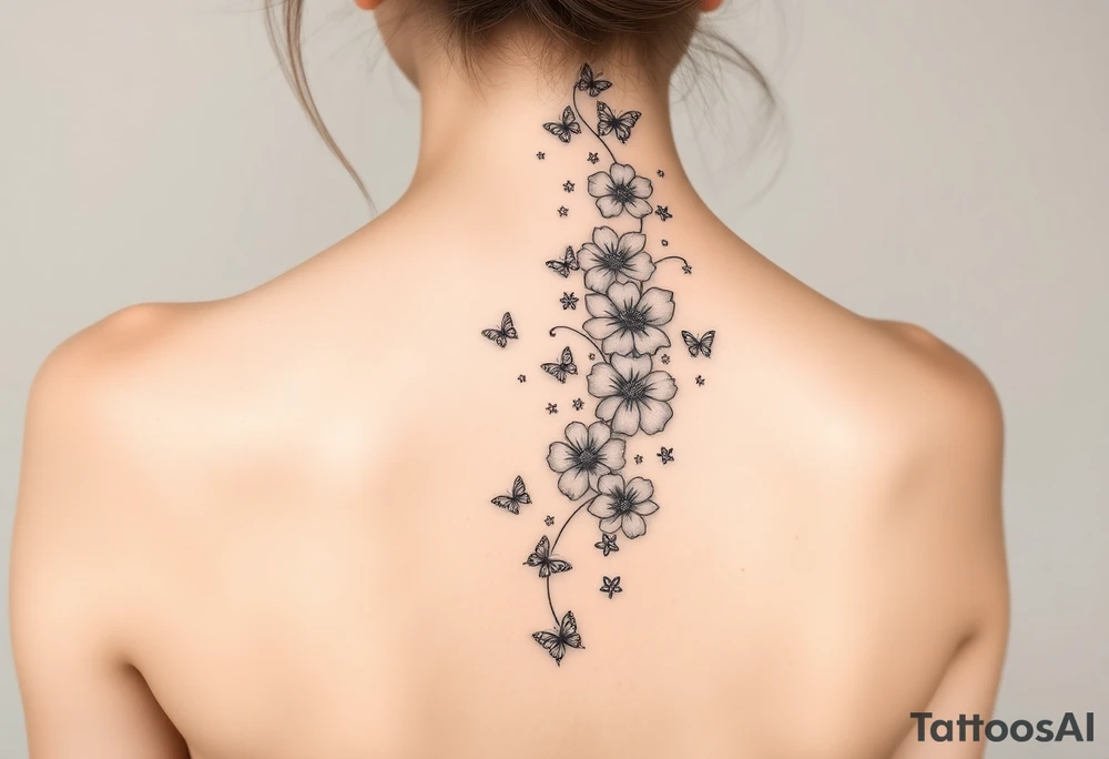 Flowers vertically down the spine surrounded by small butterflies and sparkles

Less flowers tattoo idea